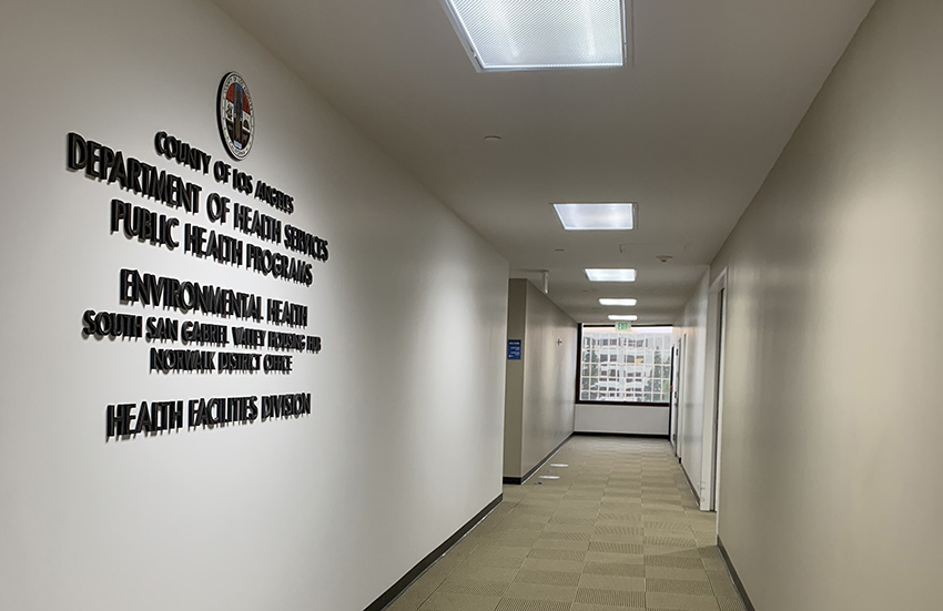 Hallway with sign for the Los Angeles Department of Health Public Health Services