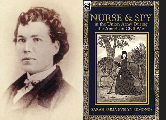 Sepia tone photo of Sarah Seelye and cover of her book Nurse & Spy