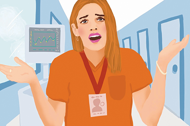 Illustration of nurse wearing orange scrubs and shrugging her shoulders