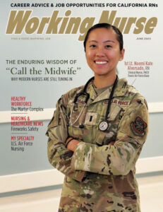 Smiling US Air Force nurse in fatigues with a stethoscope around her neck crosses her arms.