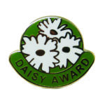 Lapel pin with three daisies on green background and words Daisy Award in black type.