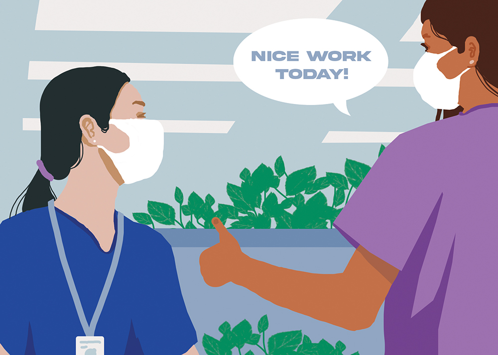 Nurse manager giving thumbs up to staff nurse, with "Nice Work Today" in conversation bubble.