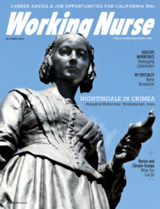 Statue of Florence Nightingale located in London against a blue background