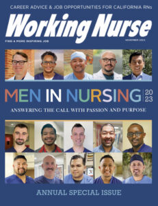 Cover of the Nov 15, 2023 Men in Nursing Issue. Shows photos of 15 male nurses.