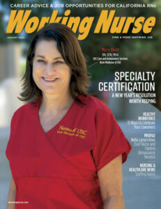 Mary Reed from Keck USC Hospital wearing red scrubs, smiling, posed outside.