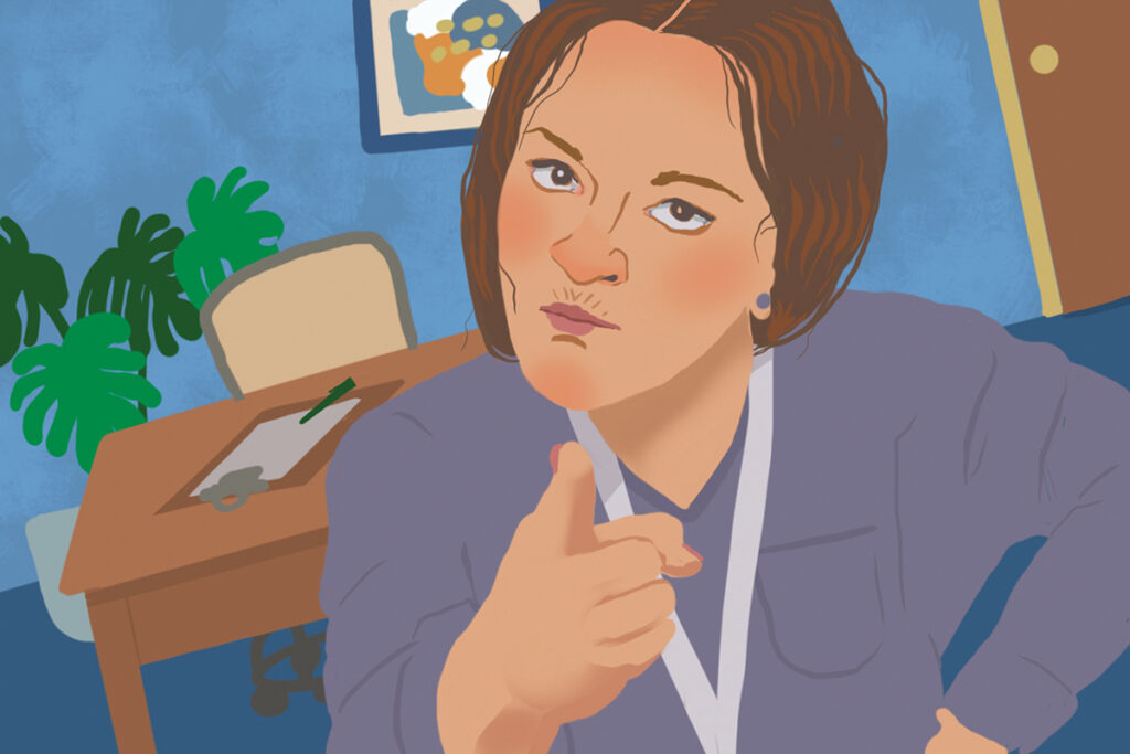 Illustration of nurse bully sneering and wagging her finger.