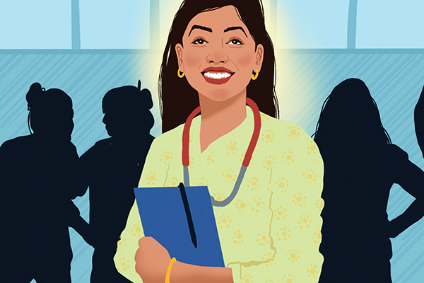 Illustration of happy nurse in green scrubs with blackout nurses gossiping in the background