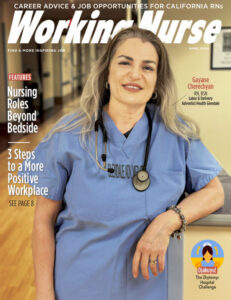 Cover of the April issue with a nurse in blue scrubs leaning on a counter.