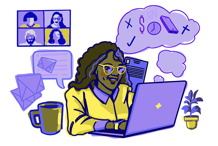 Purple and lime green illustration of nurse at computer